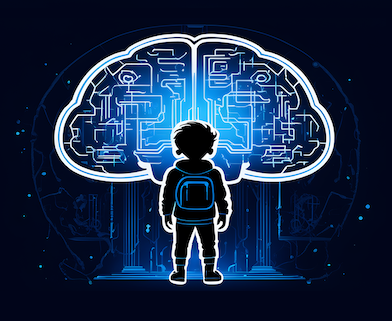 Illustration of a boy looking at a giant cybernetic brain