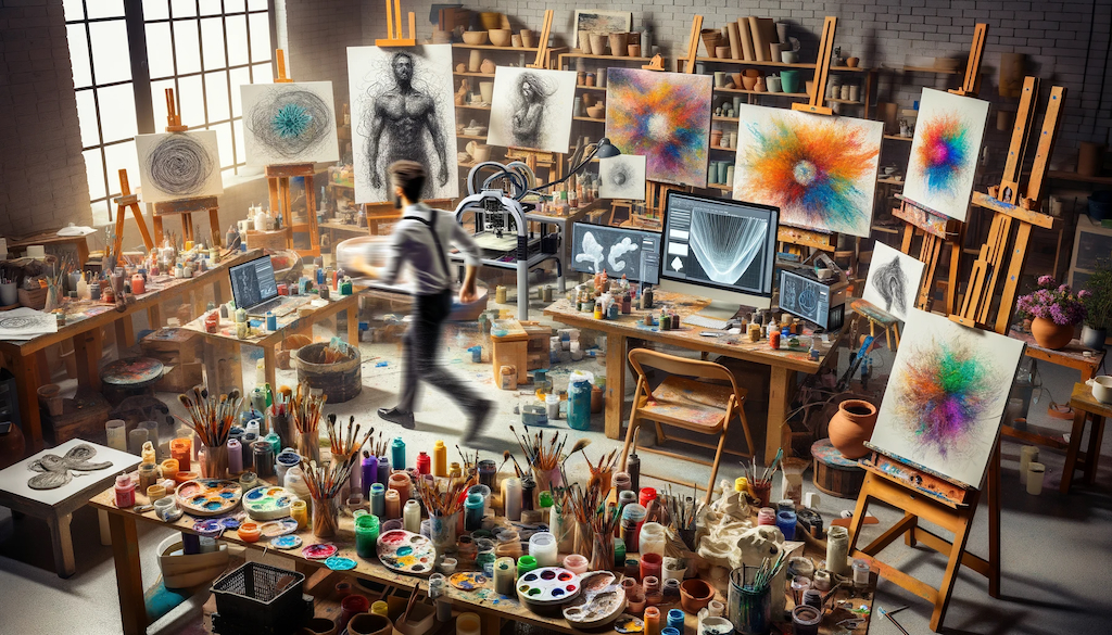 An image of a busy artist in a crowded studio